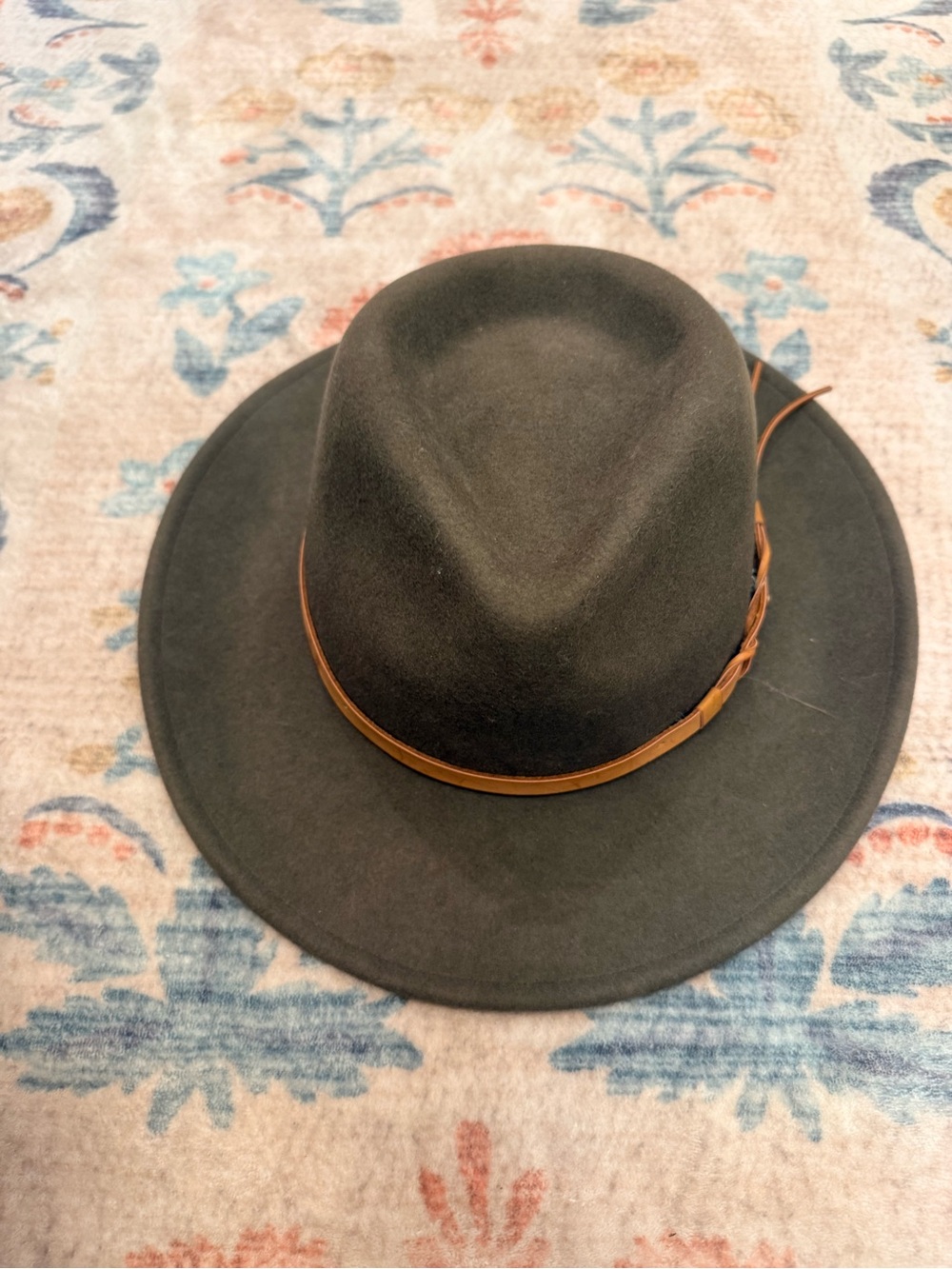 Dark Olive Felt Wide-Brim Hat with Brown Leather Band